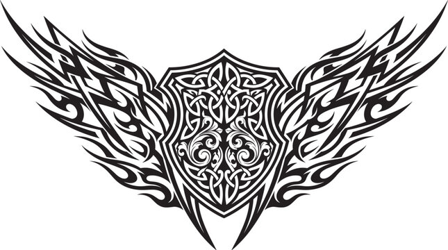 Tribal shield and wings vector illustration, abstract tattoo design element.