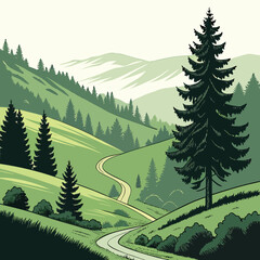 Scenic landscape vector illustration depicts winding road through green hills and coniferous forest under a pale sky © md razab 1122