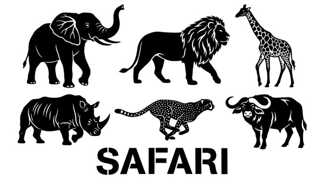 Set of African Safari Animals Silhouettes Including Lion, Elephant, Giraffe, Rhinoceros, Cheetah, and Buffalo, Vector Wildlife Icons for Design