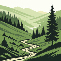 Green valley landscape with winding road and coniferous trees a flat vector illustration alpine scenery forest © md razab 1122