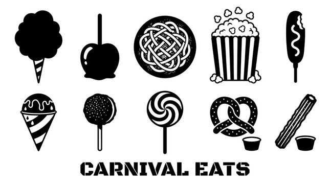 Black and White Carnival Food Vector Icon Set Featuring Popcorn Cotton Candy Corn Dog Churro and Pretzels