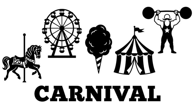 Vintage Carnival Silhouette Icons Set with Ferris Wheel Carousel Circus Tent and Strongman Vector Illustration