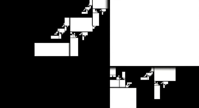 Abstract fractal pattern of white squares and rectangles on black background. Modern minimalist art concept for digital graphics and visual abstraction