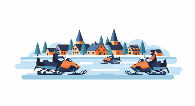 Three snowmobiles race across a snowy landscape with houses