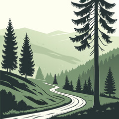 Green valley landscape with winding road and coniferous trees a detailed vector illustration pine evergreen forest © md razab 1122