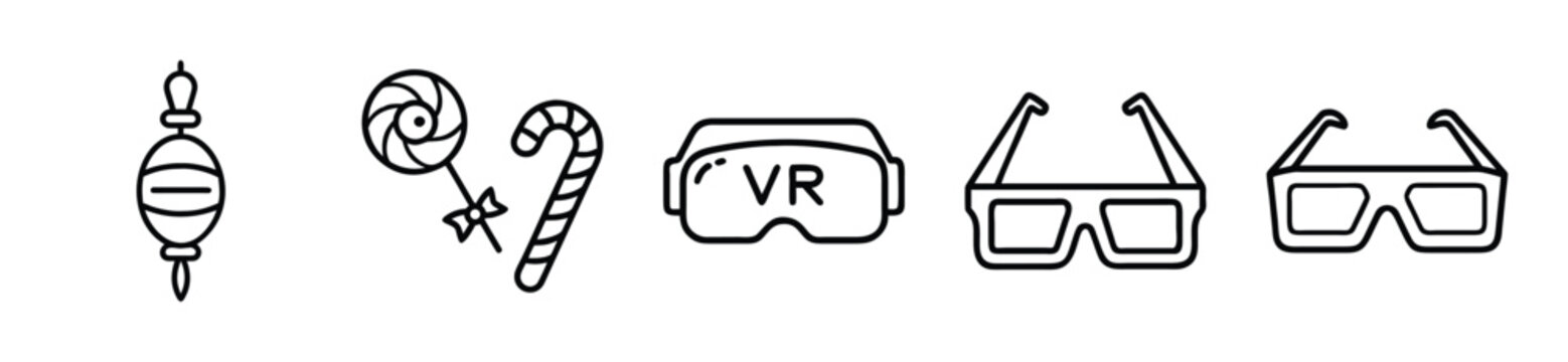 Set of icons representing various items including a fishing float, candy, vr headset, and 3d glasses