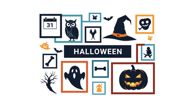 Creative Halloween themed collage featuring spooky icons like ghosts, pumpkins, bats, owls, and witches hats in frames.