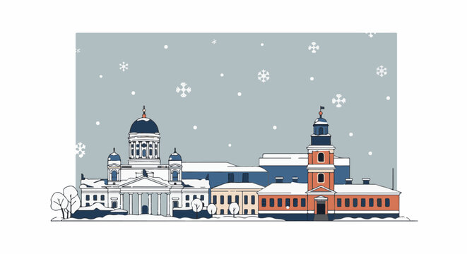 Stylized winter cityscape with snow falling over classical buildings