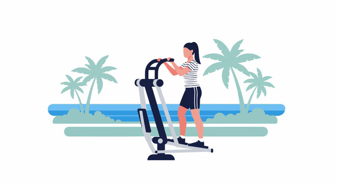 Woman exercising on a cross-trainer by the ocean with palm trees