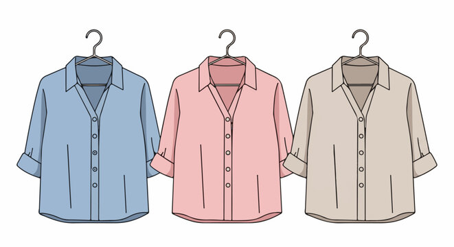 Three collared shirts, pastel blue, pink, and beige, with rolled sleeves
