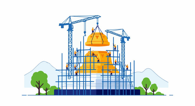 Tiny builders assemble a large golden structure with cranes and scaffolding
