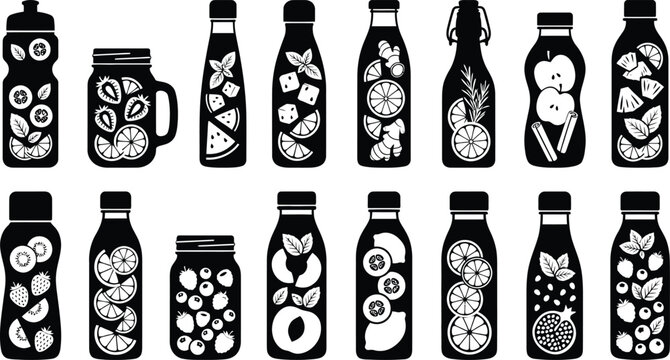 Black and white of 12 bottles with fruit and leaf leaves beverage containers