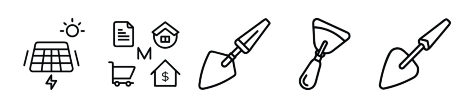 Set of construction and real estate icons including solar panel, mortgage document, house, shopping cart, and trowel tools