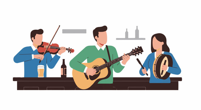 Three musicians play instruments at a bar
