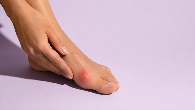 woman touching inflamed painful bunion on her foot. Hallux valgus deformity showing swollen red skin. Podiatry, orthopedic health issue, joint pain and medical care concept.