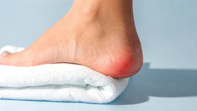 woman heel with inflammation resting on soft white towel. Symptom of painful medical condition like bursitis or injury. Healthcare concept for foot treatment and home physical therapy