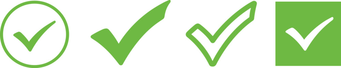Collection of four different green checkmark symbols on a transparent background for approval © Sangita Rani