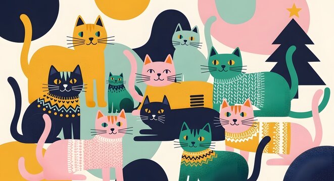 Group of colorful cats wearing winter sweaters. Cozy pet lifestyle and holiday celebration concept. Multiple felines sitting together near a small pine tree.