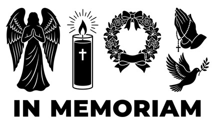 Obraz premium Set of Memorial and Funeral Silhouette Icons Featuring Angel, Candle, Wreath, Praying Hands, and Dove for Remembrance and Sympathy Designs