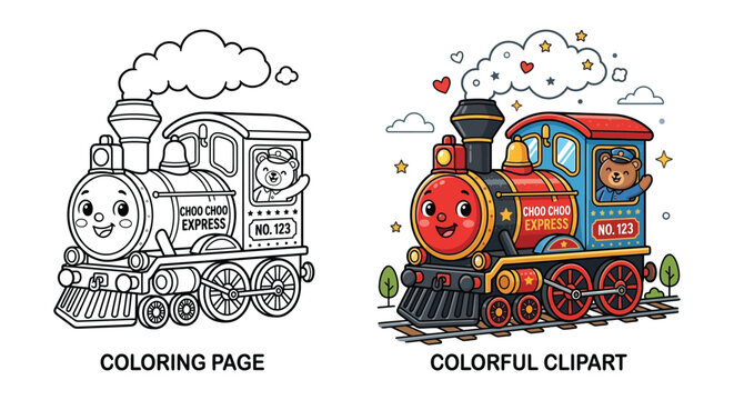 Cartoon locomotive with smiling face colorful vector illustration with scenic background
