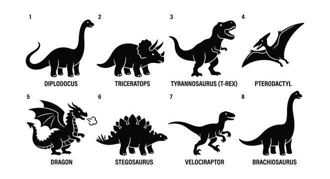 Dinosaur Silhouettes Flat Vector Illustration On White Background
