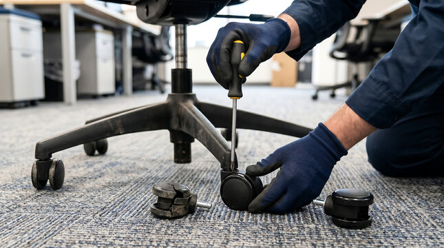Professional Technician Replacing Broken Caster Wheels on Office Chair with Screwdriver Wearing Dark Gloves on Carpet Floor Office Furniture Repair