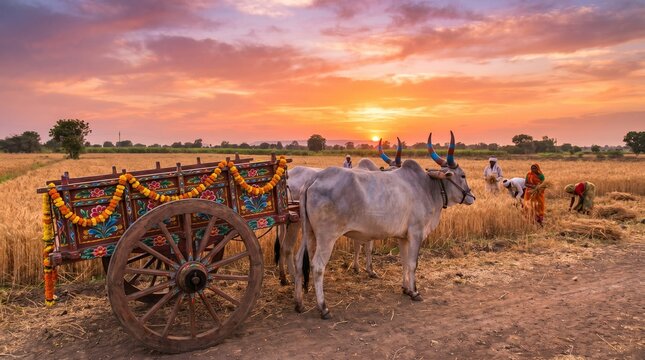Traditional Decorated Bullock Cart at Sunset for Kharchi Puja