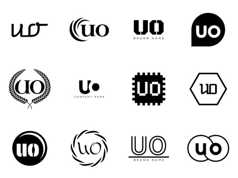 UO logo company template. Letter u and o logotype. Set different classic serif lettering and modern bold text with design elements. Initial font typography.