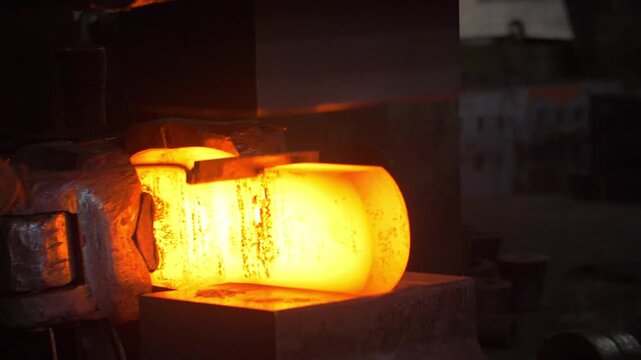 Glowing Hot Steel Billet Forged in Industrial Workshop