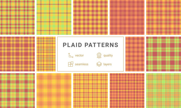 Seasonal tartan bundle for Christmas marketing kits. Multiple plaid styles support cohesive campaigns. Vector files remain editable.