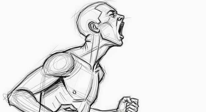 Pencil sketch of an angry bald man screaming loudly. Mental health and frustration concept. Person shouting with intense emotion and tension in profile view