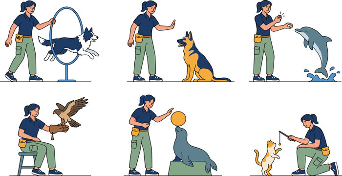 Professional Animal Trainer and Performing Animals Illustration Collection Featuring Dog Agility, Dolphin Tricks, Eagle Handling, Sea Lion Balancing, Cat Training, and Interactive Animal Show Scenes