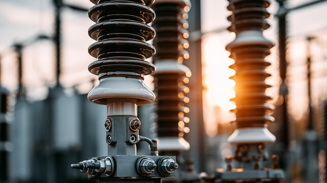 Close-up of high-voltage ceramic insulators at an electrical power substation against a warm sunset sky. Energy grid infrastructure concept