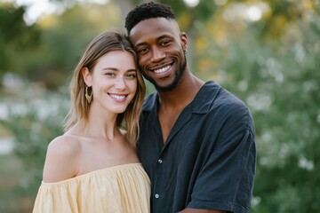 Fototapeta premium Smiling couple portrait outdoors embracing and posing for lifestyle background and relationship marketing with natural sunlight and warm summer tones