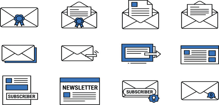 Email and Newsletter Icon Collection Featuring Envelope Messages, Subscriber Notifications, Mailing Lists, and Digital Communication Symbols for Marketing Design Projects