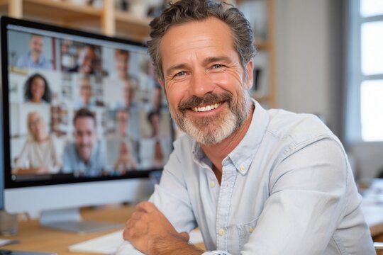 Smiling man leading a virtual meeting with diverse colleagues on computer screen