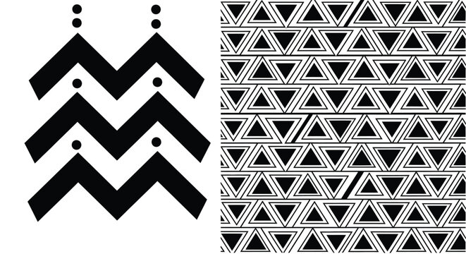 Black and white geometric patterns: abstract zig-zag motif with dots and repeating triangle tessellation