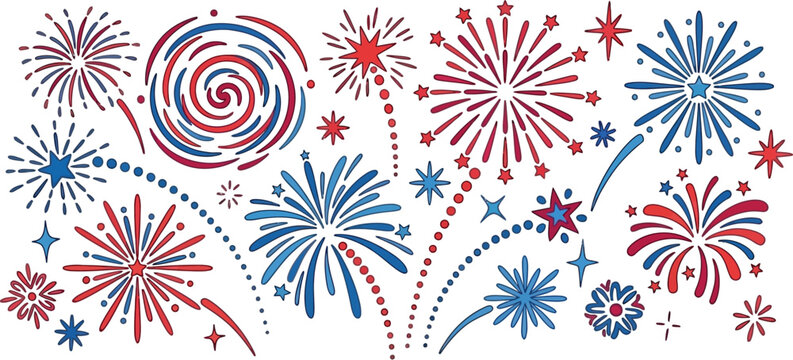A bright colorful photo featuring festive firework explosions in red and blue shades creating a vibrant celebration of independence and joy for a patriotic holiday event.