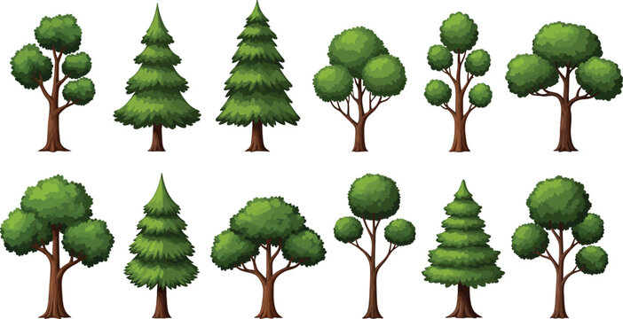 Collection of stylized green trees, including pine and deciduous varieties, on a white background, pine tree