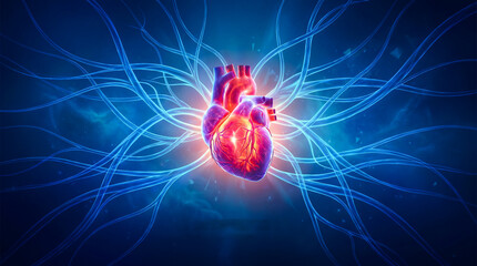 Fototapeta premium Glowing human heart with electric blue fibers