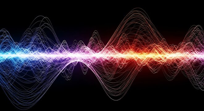 Vibrant sound wave, colorful audio signal, glowing waveform, equalizer pattern