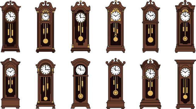 Vintage Grandfather Clock Vector Illustration Set