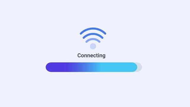 Minimal wireless connection animation with signal icon and gradient progress bar, showing network connectivity workflow in a clean digital interface.