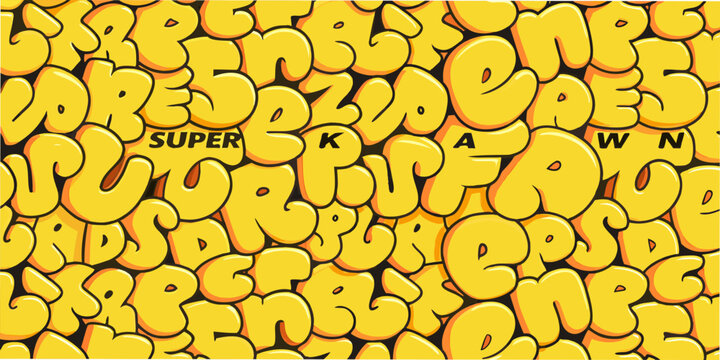Yellow bubble letter pattern repeating typographic design on a solid background