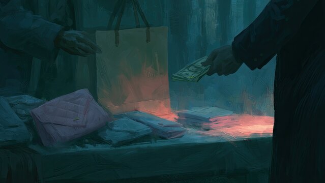 現金受け渡しによる闇取引を表現した犯罪コンセプトイラスト