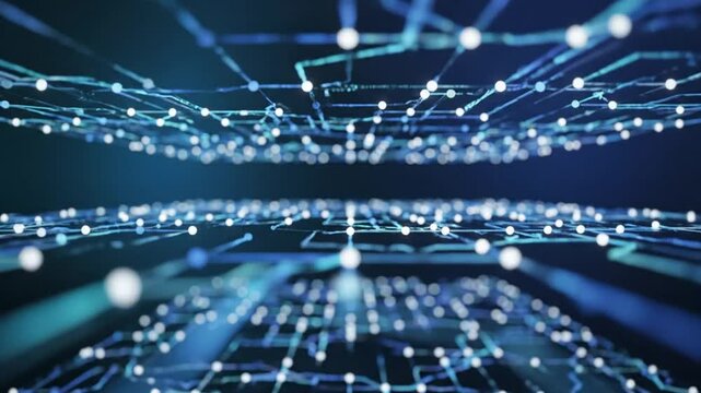 Abstract futuristic blue data network with glowing dots, representing modern information processing, and cyberspace connectivity