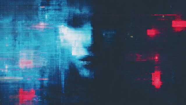 AI生成された偽人物を表現したデジタルノイズ背景イラスト