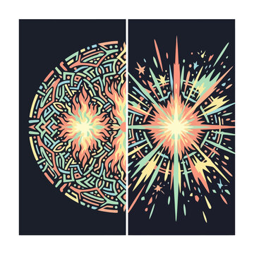 A split composition featuring intricate geometric patterns and a bright starburst design