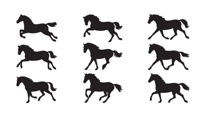 Obraz premium Collection of horse silhouettes depicting various galloping, trotting, and running motions on white backdrop.