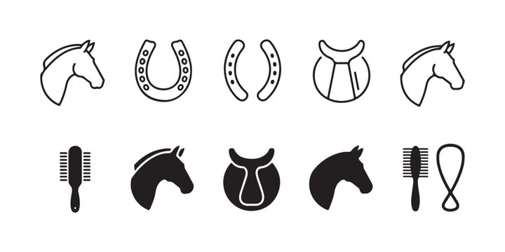 Set of horse equestrian icons including saddle horseshoes and grooming tools vector graphic design elements.